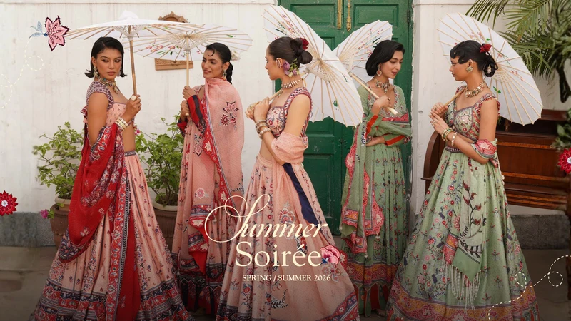Aditi Gupta Summer Soirée collection with five models in embroidered Indian occasionwear