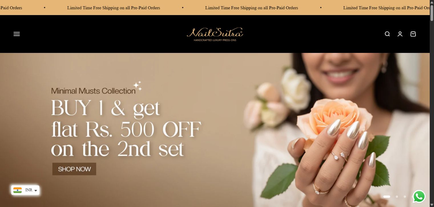Nailsutra online nail store, with product photography and shopping navigation